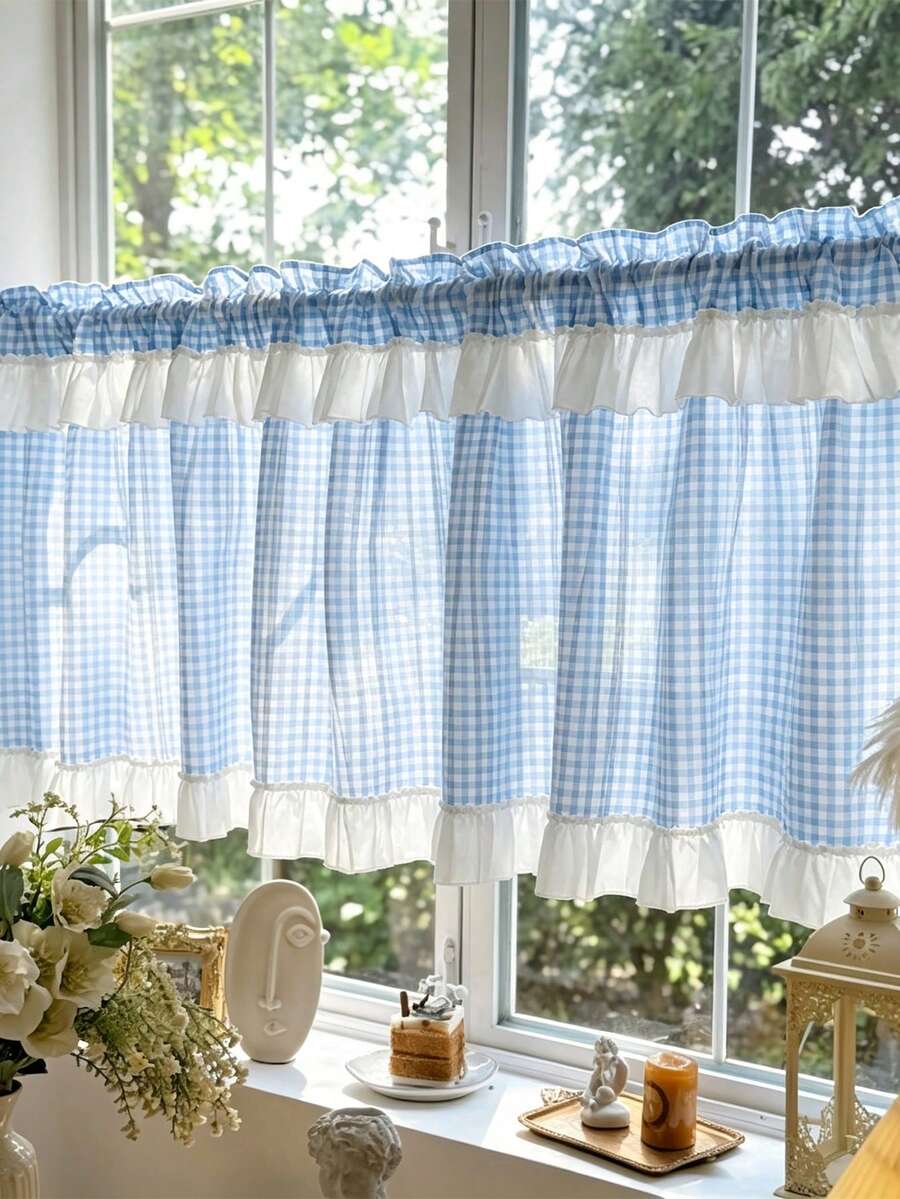 1pc Blue Plaid Ruffle Short Curtain, Rod Pocket Soft Light Semi-Sheer Curtain, American Country Style Window Curtain, Cafe Atmosphere Curtain, Suitable For Kitchen, Cabinet, Bedroom Home Decor, Living Room Decor - Blue - View 1