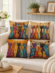 4pcs Cute Kitten Throw Pillow Covers 18x18 Set Of 4, Colorful Floral Butterfly Cat Cushion Covers For Couch Sofa Living Room Decor (Without Insert) - Multicolor - View 6
