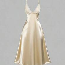 Vestido de verano para mujer con tirantes finos, estilo casual sexy de vacaciones, escote en V, encaje en contraste, corte A, efecto estiliza - Negro - Ver 2