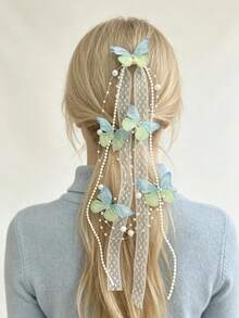 1pc Fairy Purple Butterfly Pearl Long Tassel Hair Tie, Heavy Beaded Chain Hair Rope, Girl Atmosphere Hair Elastic Band, Wedding Party Hair Accessory - Multicolor - View 7