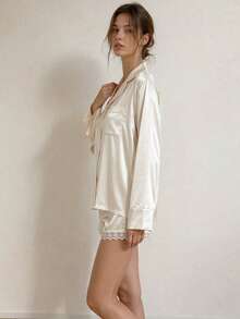 New Autumn Long Sleeve Pajama Set With White Lace Trim Shorts, Elegant Casual Loungewear - White - View 4