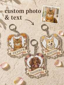 Personalized Photo Cartoon Portrait Keychain, Custom Pet Name Keepsake Bag Charm With Floral Heart Portrait, Gift For Pet Owners And Animal Lovers - Multicolor - View 9