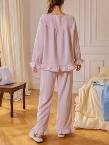 Gongdie 2 Pieces Miffy Women Fleece Pajama Sets,Winter Pink Soft Warm Loungewear With Lace Square Neckline And Ruffle Hem - Pink - View 6