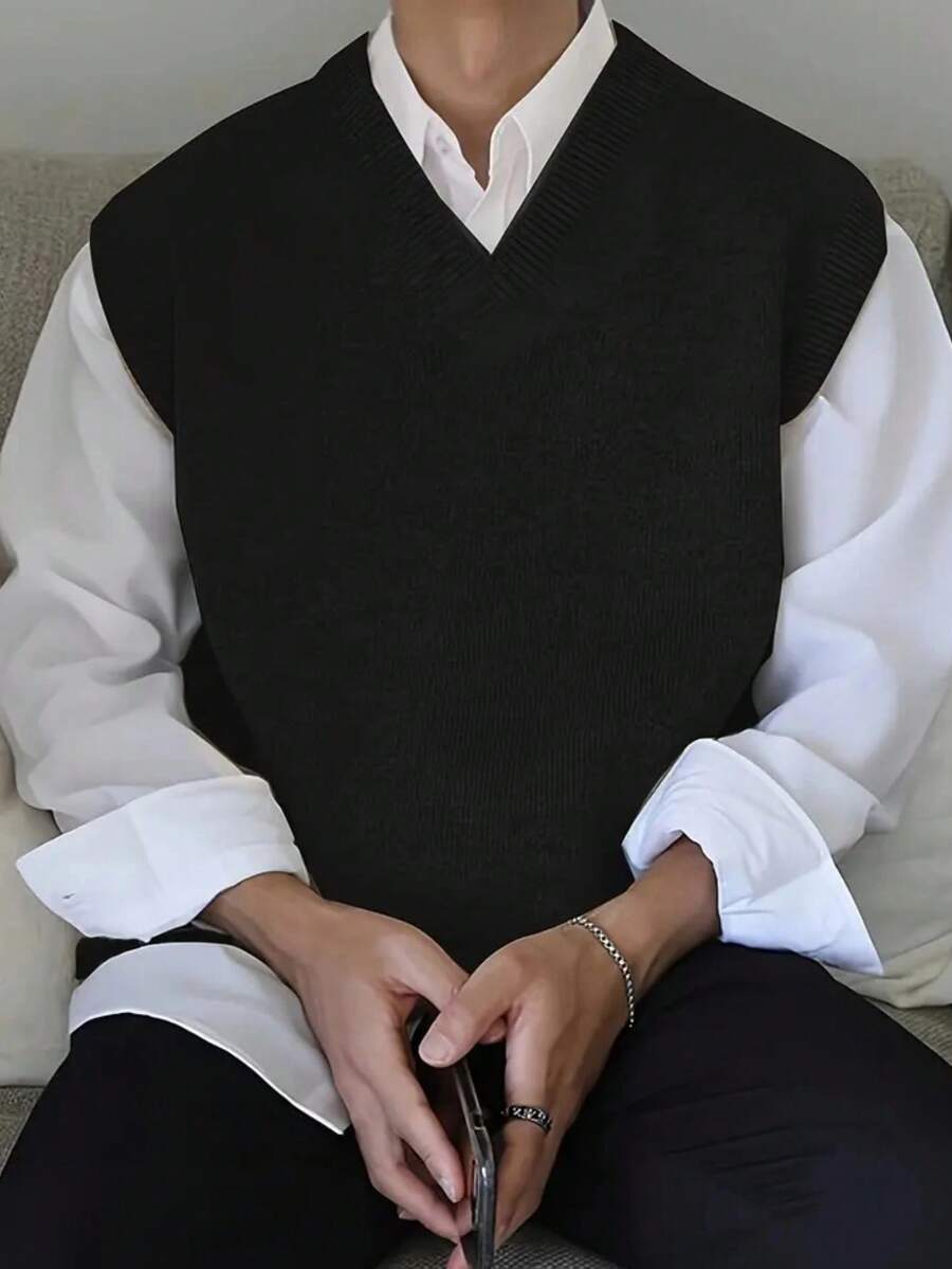 Men's Casual Classic V-Neck Knit Sweater Vest, Suitable For All Seasons