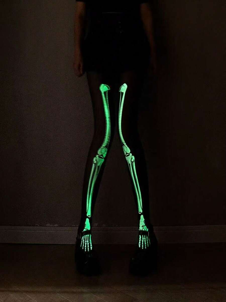 Halloween Multiple Styles Glow-In-The-Dark Polka Dot Skeleton Leggings, Glow-In-The-Dark Black Tights, Halloween Party Cosplay Full Leg Stockings - Black - View 1