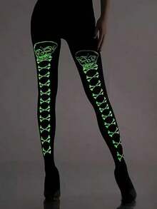 Halloween Glow Polka Dot Skeleton Leggings, Glow Black Tights, Halloween Party Cosplay Full Leg Stockings - Black - View 2