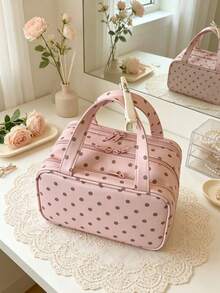 Tas Kosmetik Polkadot Tas Kosmetik Genggam Portabel Kapasitas Besar Tiga Lapisan Tahan Air Tas Kosmetik Genggam Multi Kompartemen - MultiWarna - View 2