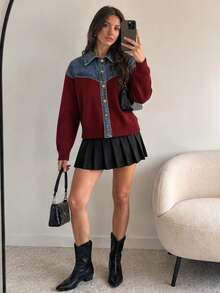 Wixra Denim Yoke Patchwork Button Front Cardigan, Lapel Collar Long Sleeve Color Block Knit Outerwear For Fall - Burgundy - View 3