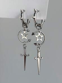 1 Pair Stainless Steel Punk Silver Star Hoop Earrings, Fashionable Accessories Suitable For Women's Daily Wear - Silver - View 28