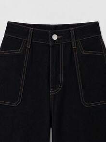 Women's Fashion Relaxed Fit Commute Dark High Waist Big Pocket Straight Leg Jeans, Loose Fit Workplace Afternoon Tea Outfit, Daily Bottoms - Black - View 7