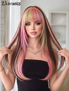 7JHH WIGS Highlights Long Straight Wigs For Women 24 Inch Medium Layered Wig With Bangs Synthetic Heat -Resistant Fiber Hallowmas Colorful Costume Wig For Festival Wear, Party Cosplay Use - Multicolor - View 2