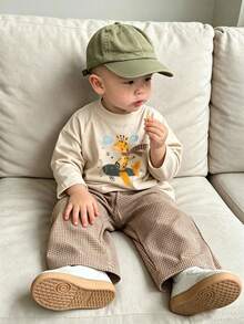 Toddler Boys Cartoon Giraffe Pilot Graphic Long Sleeve T-Shirt, Light Apricot Crew Neck Casual Tee For Spring Autumn - Apricot - View 2