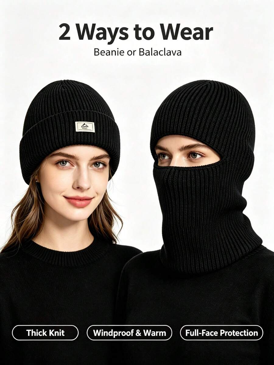 Autumn/Winter Knitted Hat, Windproof & Warm, Solid Color, Casual, 2 Ways To Wear, Suitable For Indoor/Outdoor, One Hat For All Occasions - A - View 1