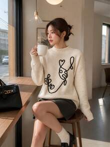 Figure Graphic Mock Neck Drop Shoulder Sweater; Suitable For Autumn/ Winter; Everyday Wear - White - View 3