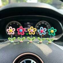 5pcs Cute Swaying Flower Car Decoration, Flower-Shaped Dashboard Ornaments For Vehicles, Cute And Colorful Swaying Flower Interior Decorations, Center Console Decorations, Fashionable Female Car Accessories - Flowers - View 3