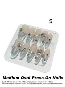 10pcs Handmade Long Almond Shape Press-On Nail Set, Transparent Gradient Light Blue Cat Eye Style, Rhinestone Decorated, Reusable Removable Adhesive Fake Nail Tips, Includes Nail Tools, Suitable For Wedding, Date, Party - Dusty Blue - View 11