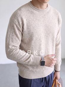 Autumn Back To School Men's Loose Fit Solid Color Minimalist Unisex Round Neck Pullover Long Sleeve Knit Sweater Top - Grey - View 4