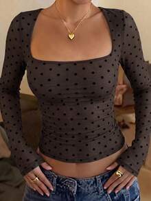 Casual Fashion Mesh Polka Dot Print Square Neck Long Sleeve Slim Fit Women's Top, Autumn/Winter New Style, Vintage Daily Commute, Outing, Holiday, Date Wear - Brown - View 2