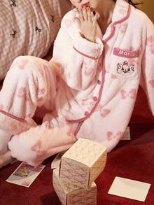 Gongdie Disney 2pcs  Marie Women's Fleece Pajama Set, Winter White Soft Thick Loungewear With Pink Contrast Trim And Pockets - Pink - View 6