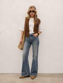 Celana Jeans Wanita Kasual Elegan Denim Cuci Potongan Pendek Lurus dengan Efek Sobek, Sedikit Elastis - Biru - View 2
