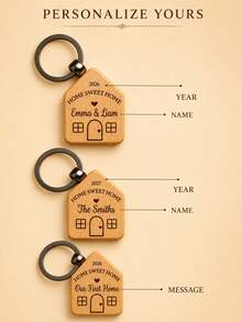 1pc Personalized Wooden House Keychain, Custom Engraved Name & Text Key Ring, Suitable For Couples And Families, Valentine's Day, Anniversary And Housewarming Gift - Multicolor - View 6