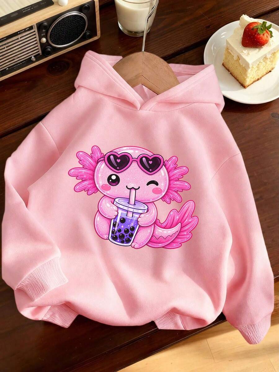 1pc Big Girls' Warm Thick Thermal Lined Hooded Sweatshirt, Student Children Autumn/Winter Long Sleeve Top - Pink - View 1
