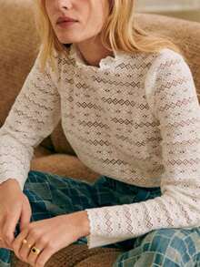 SUNSTORY Autumn White Frill Trim Semi-High Neck Hollow Lace Long Sleeve Top, Floral Jacquard Sheer Base Layer, Elegant Basic Style, Suitable For Commuting, Outings, Church, Daily Wear - White - View 7
