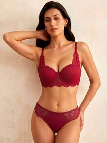 1 Set Women's Burgundy Sexy Lingerie Set, Push-Up Lace Patchwork Bra For Small Chest, Underwire Bra With Side-Smoothing And Lift-Up Support To Prevent Sagging - Burgundy - View 6