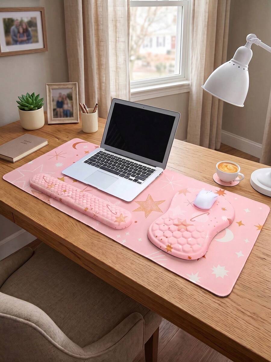 Pink Mouse Pad, Desk Mat, Suitable For Keyboard And Mouse. Ergonomic Desk Mat Set, Large Mouse Pad, Wrist Rest, Cute Women's Desk Accessories, Teacher Desk Decor, Home Office - View 1