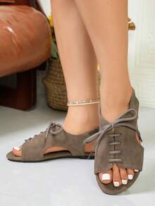 Women's Faux Suede Lace-Up Open Back Flat Sandals, Open Toe Hollow Out Summer Autumn Daily Commute Shoes - Brown - View 6