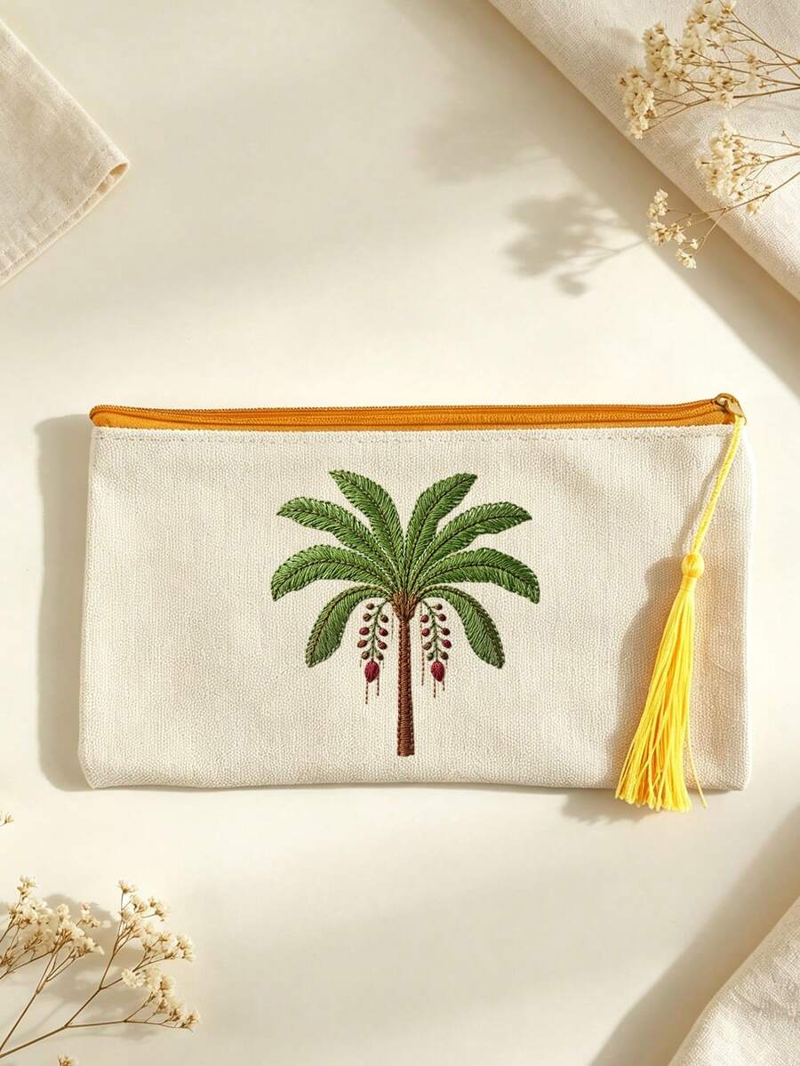 Beige Canvas Zipper Makeup Bag,Printed With Coconut Tree Patterns, Paired With Tassels, Can Be Used As Toiletry Bag,Travel Storage Bag,Stationery Bag - Multicolor - View 1