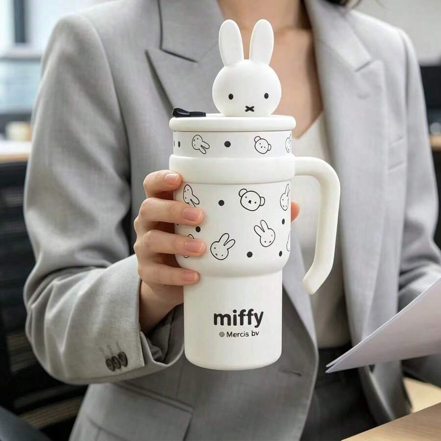 Miniso 1pc 730ml Large Capacity Official Licensed Miffy Rabbit Water Cup, Portable Leak-Proof Travel Insulated Cup, Cute Cartoon Insulated Drinking Cup, Suitable For Students And Girls Outdoor Daily Use - White - View 1