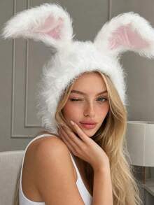 Halloween Cute Plush Rabbit Ear Hat White Long Fur Bunny Headpiece Easter Party Cos Photo Prop Warm Hood - Multicolor - View 1