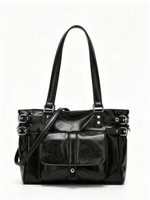 Women Tote Shoulder Bag Solid PU Leather With Metal Buckle Front Pocket Large Capacity Vintage Style For Women Daily Commute - Multicolor - View 5
