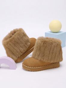 1 Pair Girls' Camel Color Plush Fold-Over Ankle Boots, Suitable For Winter School And Daily Outings - Camel - View 5