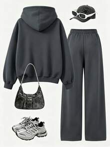 2pcs Set Suitable For Teen GirlRound Neck Sweatshirt And Wide Leg Pants Outfit, Pink English Letter Print Round Neck Sweatshirt And Wide Leg Pants Matching Set, Suitable For Autumn/Winter Wear, Campus Style, Homecoming Outfit - Multicolor - View 3