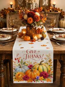Thanksgiving Autumn Table Runner GIVE THANKS Watercolor Pumpkin Berry Pattern Rustic Country Style Autumn Holiday Dining Table Decor Maple Leaf Pine Cone Floral Print Restaurant Kitchen Home Decor - Multicolor - View 1