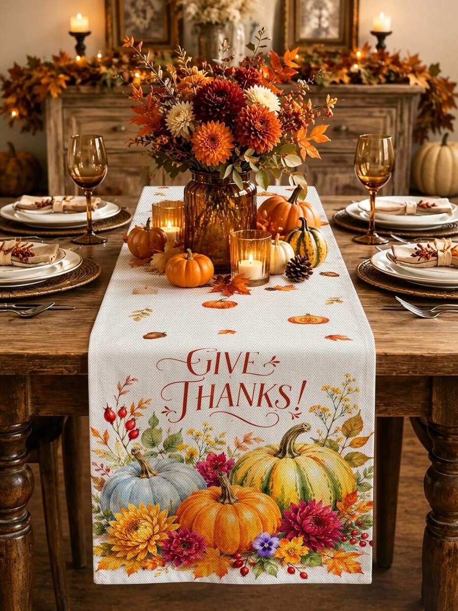 Thanksgiving Autumn Table Runner GIVE THANKS Watercolor Pumpkin Berry Pattern Rustic Country Style Autumn Holiday Dining Table Decor Maple Leaf Pine Cone Floral Print Restaurant Kitchen Home Decor - Multicolor - View 1