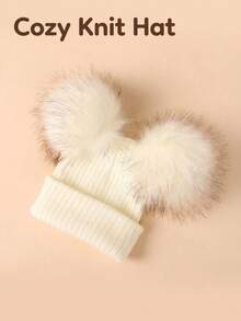 Baby Girl Faux Fur Double Pom Pom Warm Knit Hat, Suitable For Autumn/Winter - White - View 1