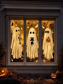 6pcs (3 Complete Ghost Patterns) - Large Halloween Ghost Window Decals, Halloween Window Stickers, Vintage Ghost, Evil Ghost, Bat Ghost, Reusable Window Decals, Suitable For Halloween Autumn Party Supplies, Home Glass Decoration, Halloween Window Decoration Stickers, Pumpkin And Ghost Patterns, Party Decoration - Multicolor - View 6