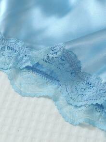 2件組緞面短袖蕾絲領上衣與蝴蝶結短褲女款睡衣家居服套裝 - 淺藍色 - 查看 7