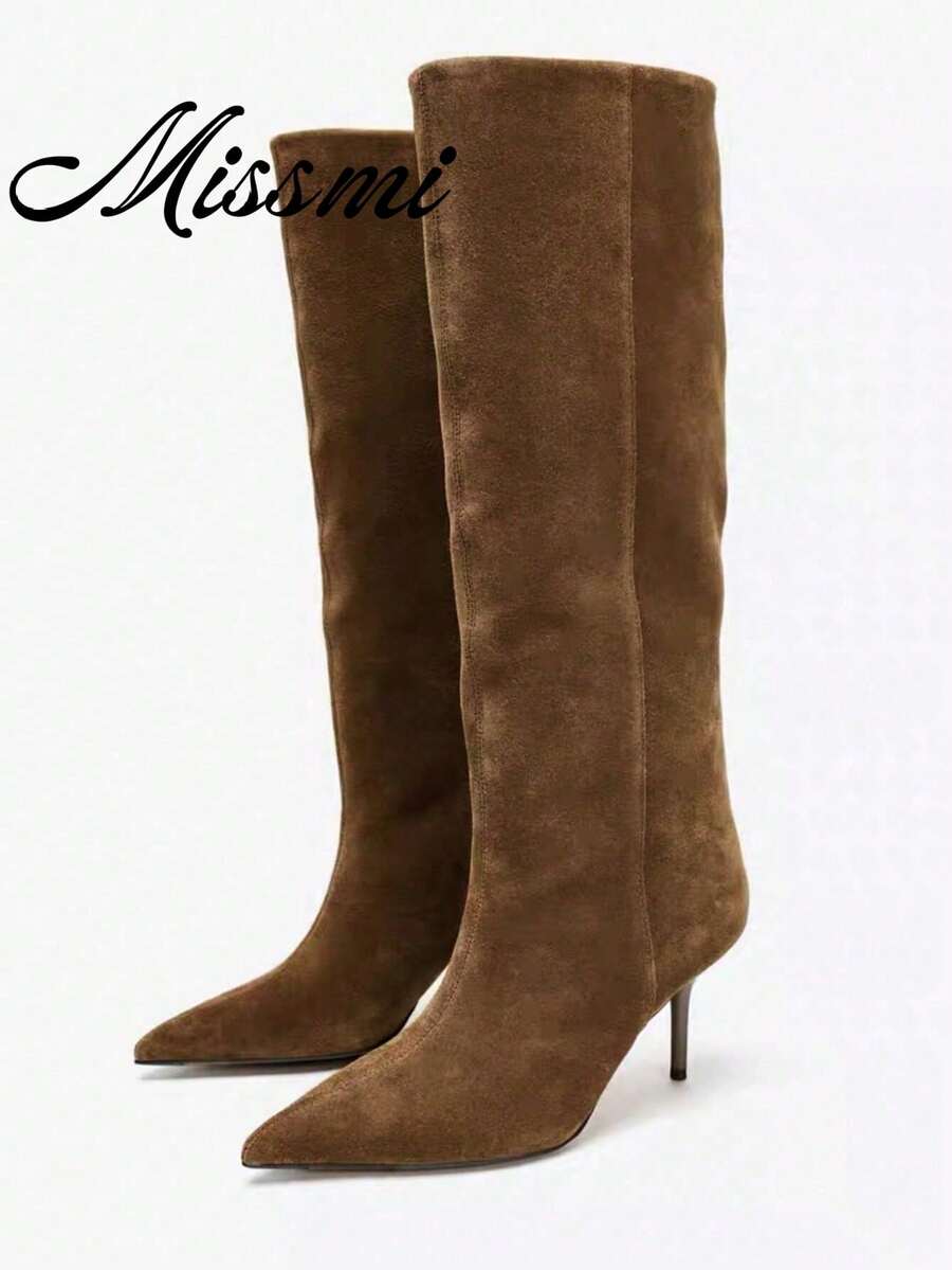 Autumn New Women's Suede Pointed Toe High Heel Tall Boots - Coffee Brown - View 1