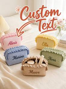 Customized Name Makeup Bag, Customized Toiletry Bag, Plaid Ruffle Edge Makeup Storage Bag, Bridesmaid Gift, Women's Birthday Gift - Multicolor - View 3