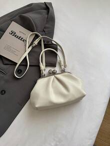 Handheld Pleated Bag With Round Metal Buckle Decoration, Dual-Use Handheld And Crossbody, Metal Clasp Closure, Vintage Gentle Style, Metal Clasp Underarm Bag, Suitable For Women's Daily Dates And Outings, Compact And Exquisite, Combines Aesthetics And Storage, Matches Various Outfit Styles - Beige - View 8