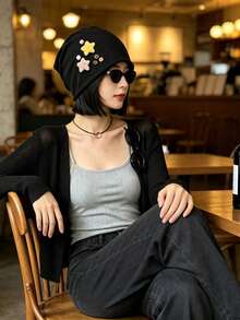 1pc Japanese Style Cute Plush Star Hat For Women, Autumn/Winter Windproof Warm Beanie With Ear Flaps, Face-Slimming Slouchy Cap, Suitable As Holiday Gift - A - View 1