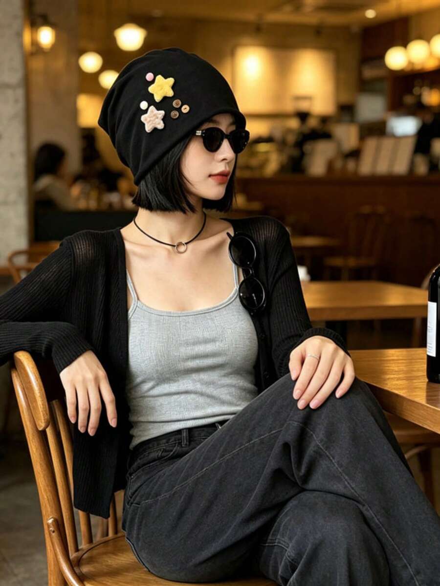 1pc Japanese Style Cute Plush Star Hat For Women, Autumn/Winter Windproof Warm Beanie With Ear Flaps, Face-Slimming Slouchy Cap, Suitable As Holiday Gift - A - View 1