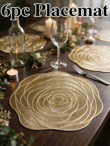 6pcs Gold Flower Hollow PVC Placemats, Washable Tabletop Decoration Mats, Non-Slip Odorless Tableware Pads, Durable Highly Attractive Coasters, Suitable For Restaurants, Cafes, Homestays, Fit For Festivals, Parties, Gatherings, Birthdays, Weddings, Dinners. - Multicolor - View 12