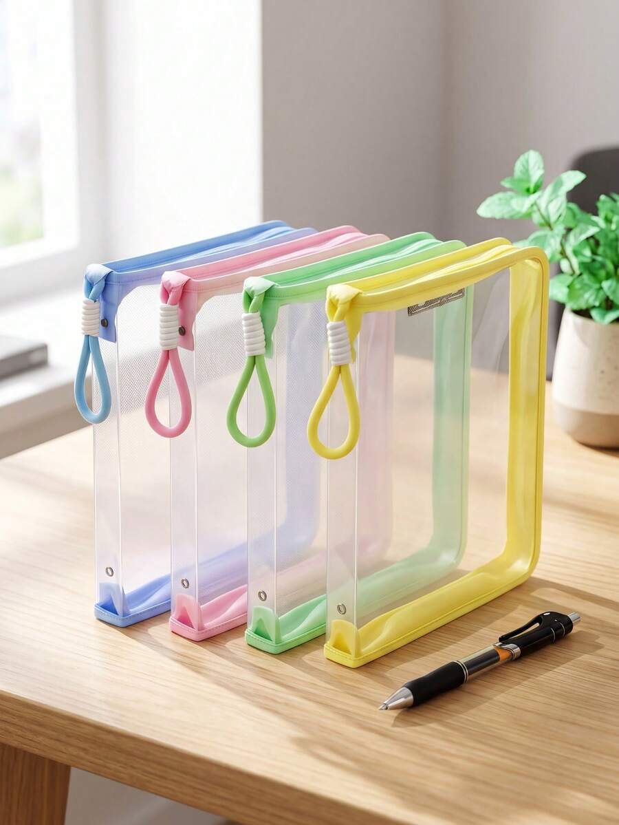 2pcs Macaron Edge Transparent Zipper File Bag Set, A4 Thickened PVC Transparent Storage Bag With Portable Handle, Clear Bag Body Allows Viewing Contents Without Opening, Includes File Bag And Gel Pen Combination - Zipper Document Bag - View 1