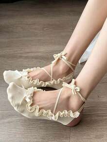 Lace Ruffle Ankle Tie No‑Show Socks, Sweet Bow Decor Ballet Invisible Socks, Soft Anti‑Slip Lace Trim Foot Socks For Women Dress Shoes - Multicolor - View 3