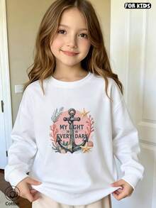 Kids Ocean Theme Crewneck Sweatshirt With Anchor, Starfish & Shell Print, 'MY LIGHT EVERY DAY' Text, Loose Fit, Soft Breathable For Spring Fall Daily - White - View 1